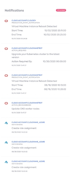 CloudVane notifications meni